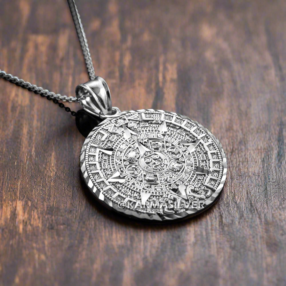 Sterling Silver Aztec Mayan Sun Calendar Necklace