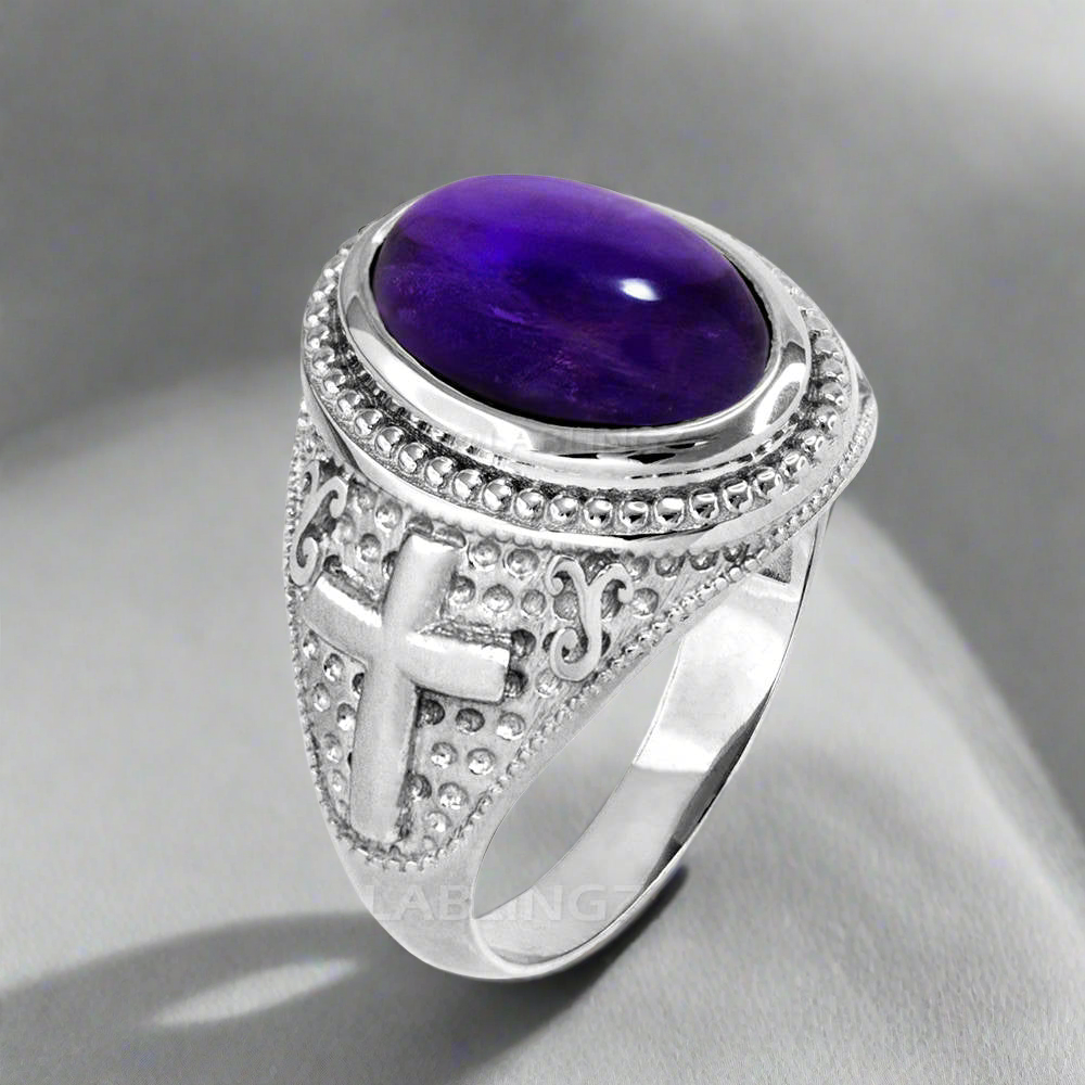 Sterling Silver Christian Cross Amethyst February Birthstone Ring