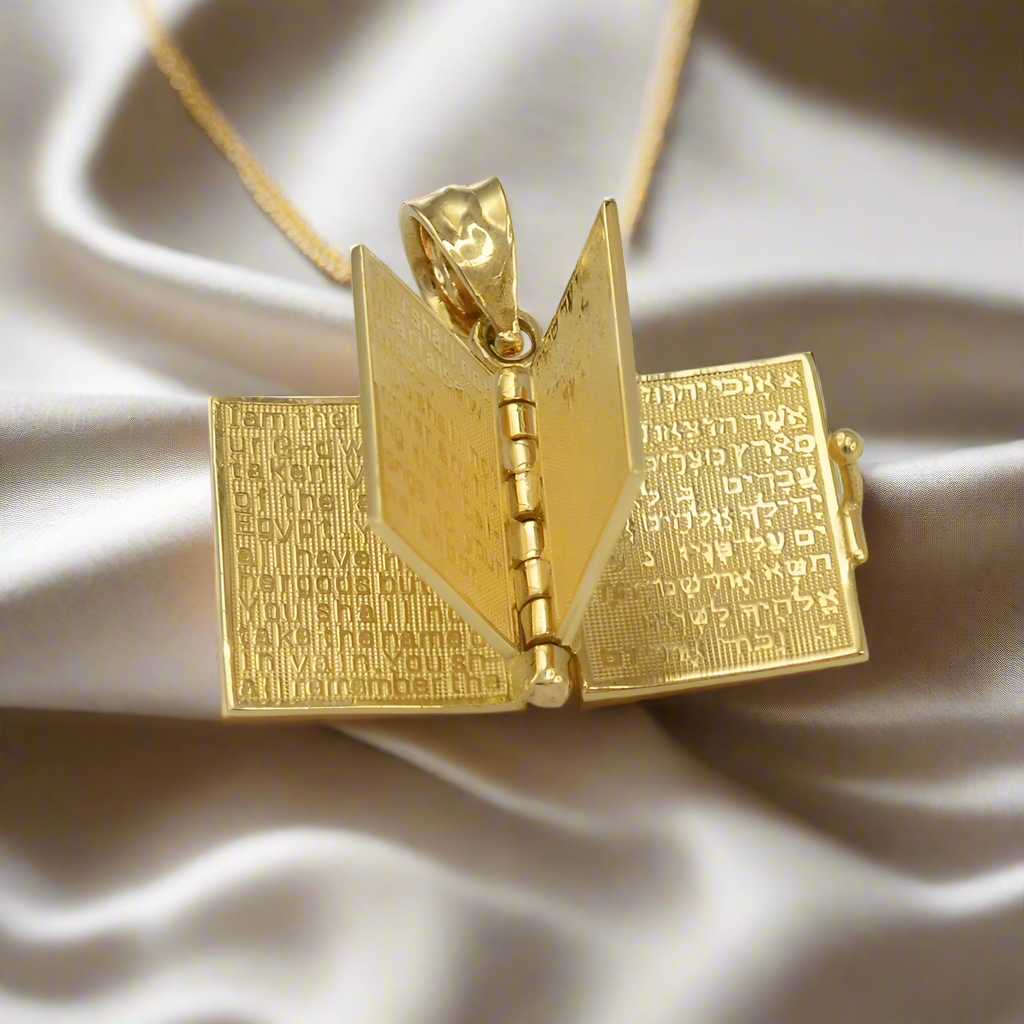 Gold Judaic 10 Commandments Jewish Bible 3D Charm Necklace (yellow, white, rose gold, 10k, 14k, )