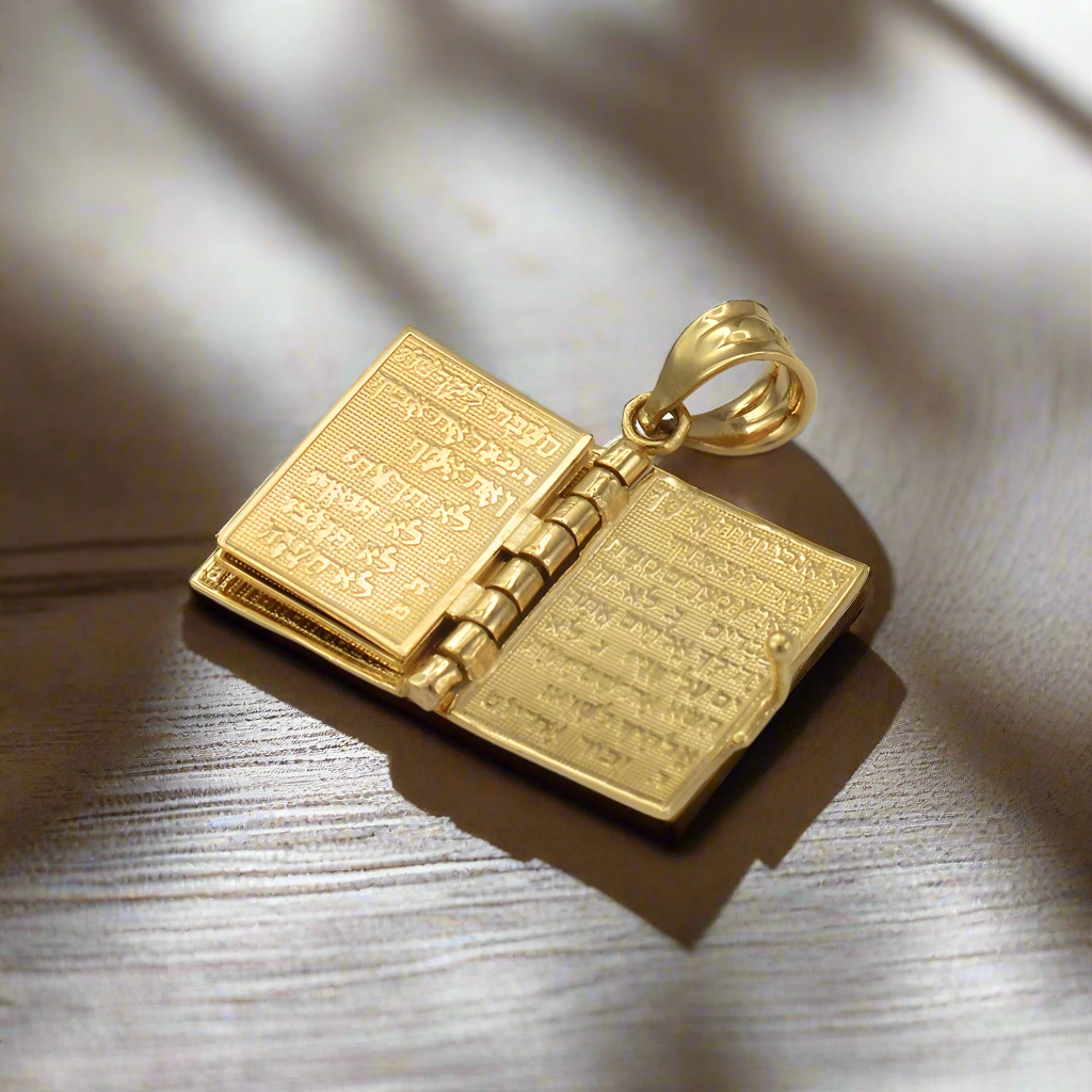 Gold Judaic 10 Commandments Jewish Bible 3D Charm Necklace (yellow, white, rose gold, 10k, 14k, )