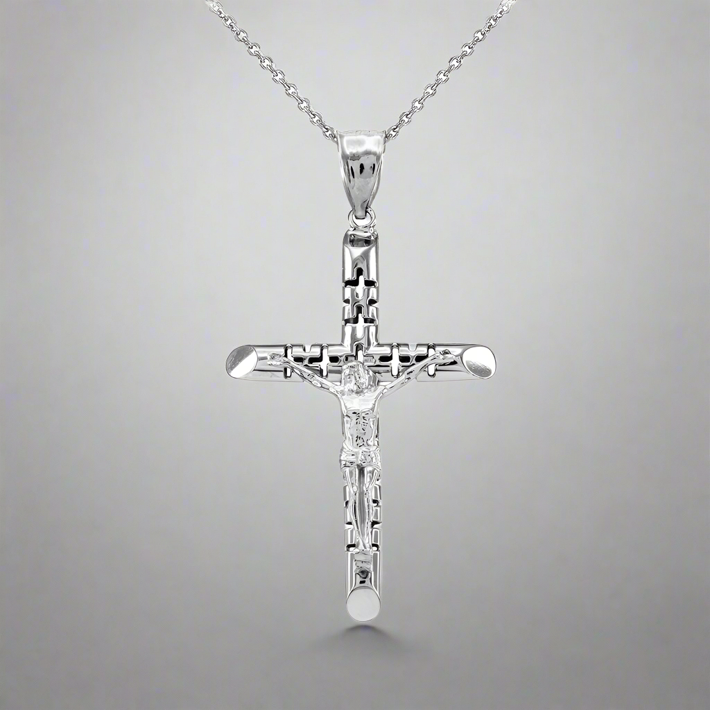 Sterling Silver Crucifix Tube Cross Pendant Necklace