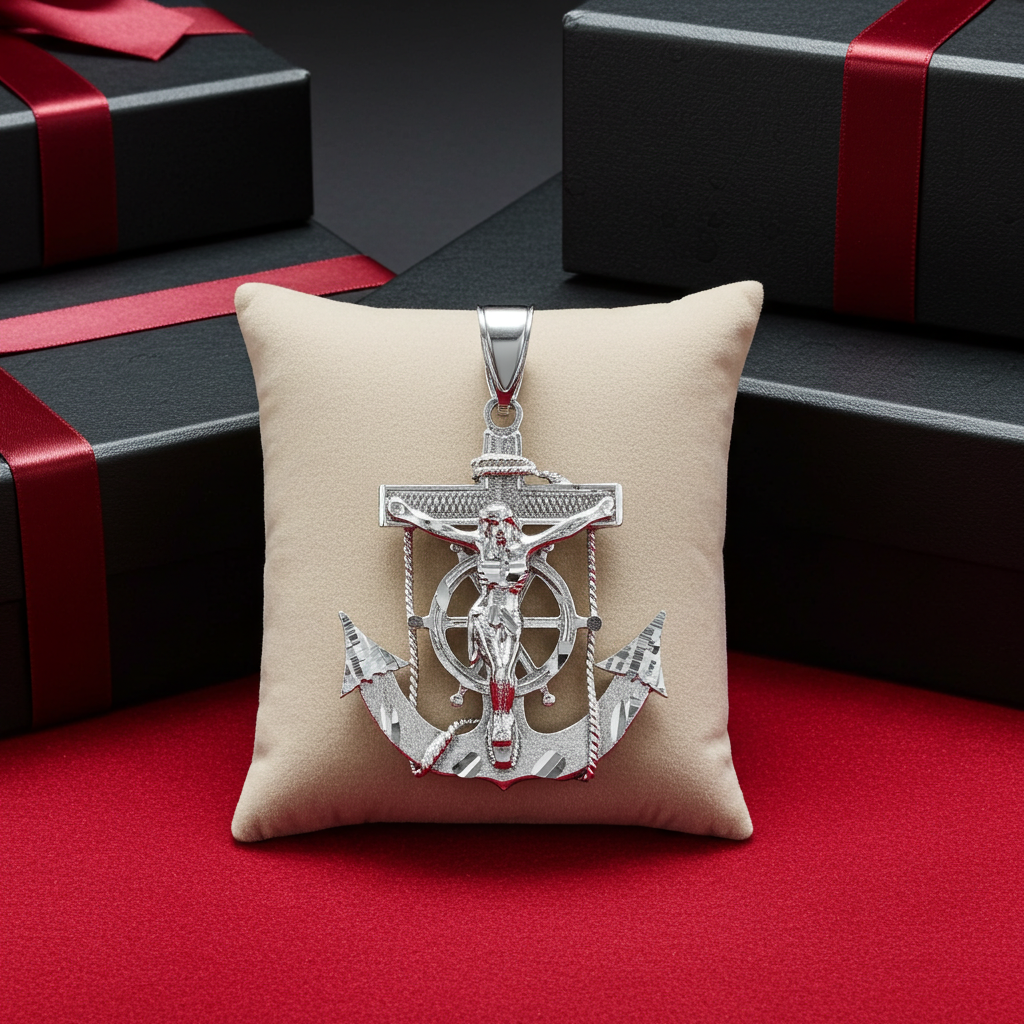925 Sterling Silver Mariner Crucifix Anchor Mens Cross Pendant (L)