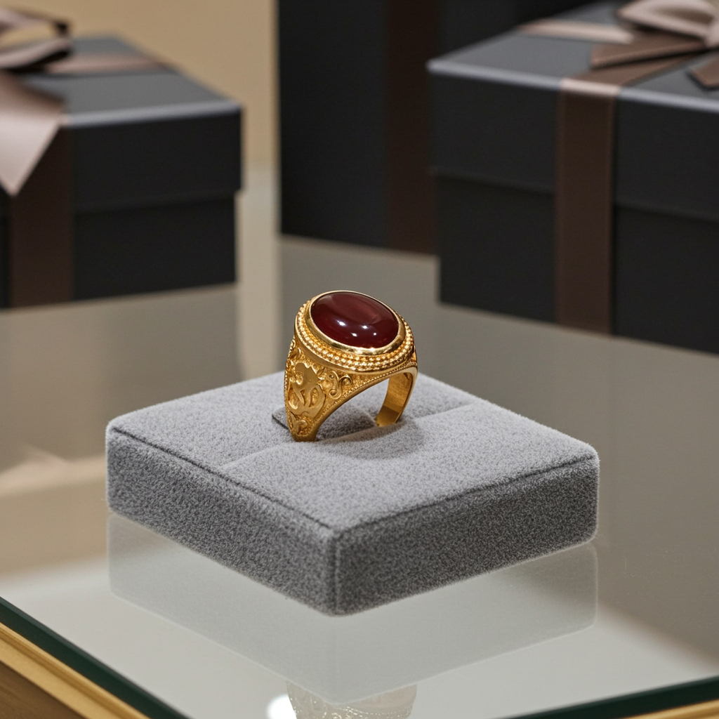 Gold Om Oval Cabochon Red Onyx Yoga Ring Karma Blingz