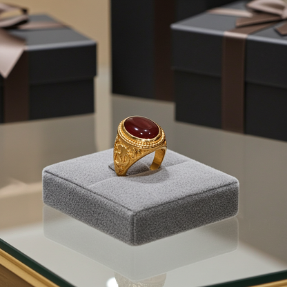 Gold Om Oval Cabochon Red Onyx Yoga Ring Karma Blingz