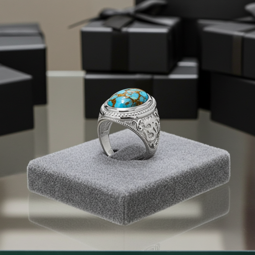 Sterling Silver Om (Aum) Mantra Ring with Blue Copper Turquoise Karma Blingz