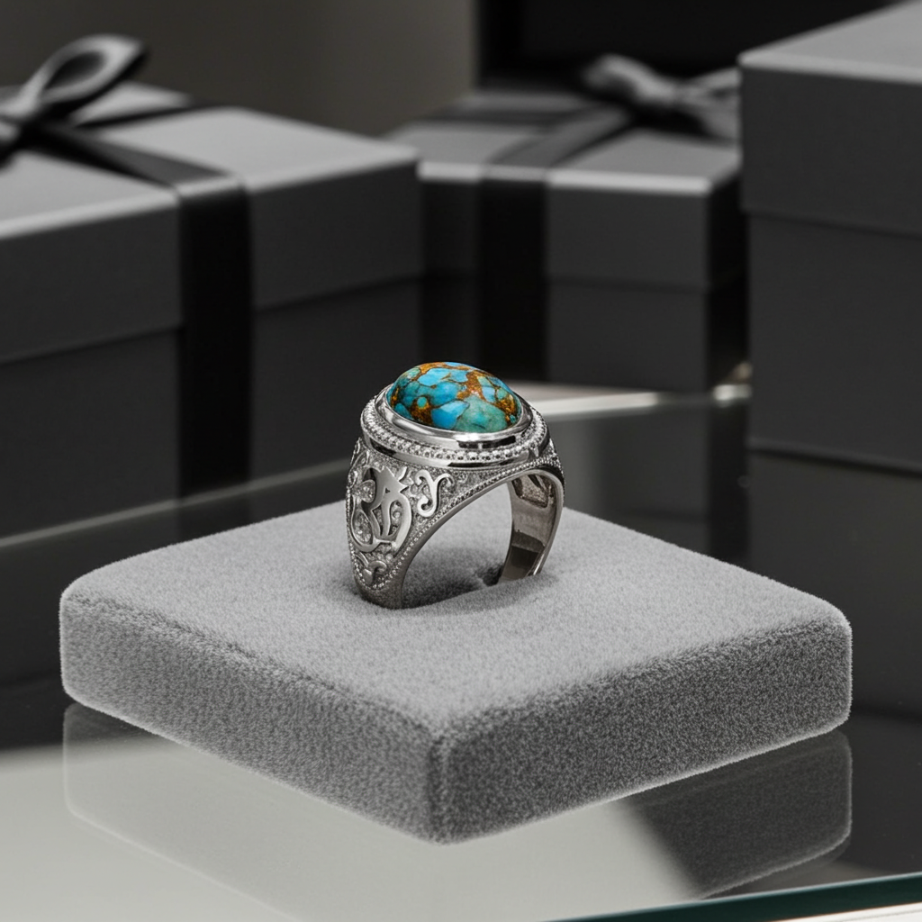 Sterling Silver Om (Aum) Mantra Ring with Blue Copper Turquoise Karma Blingz