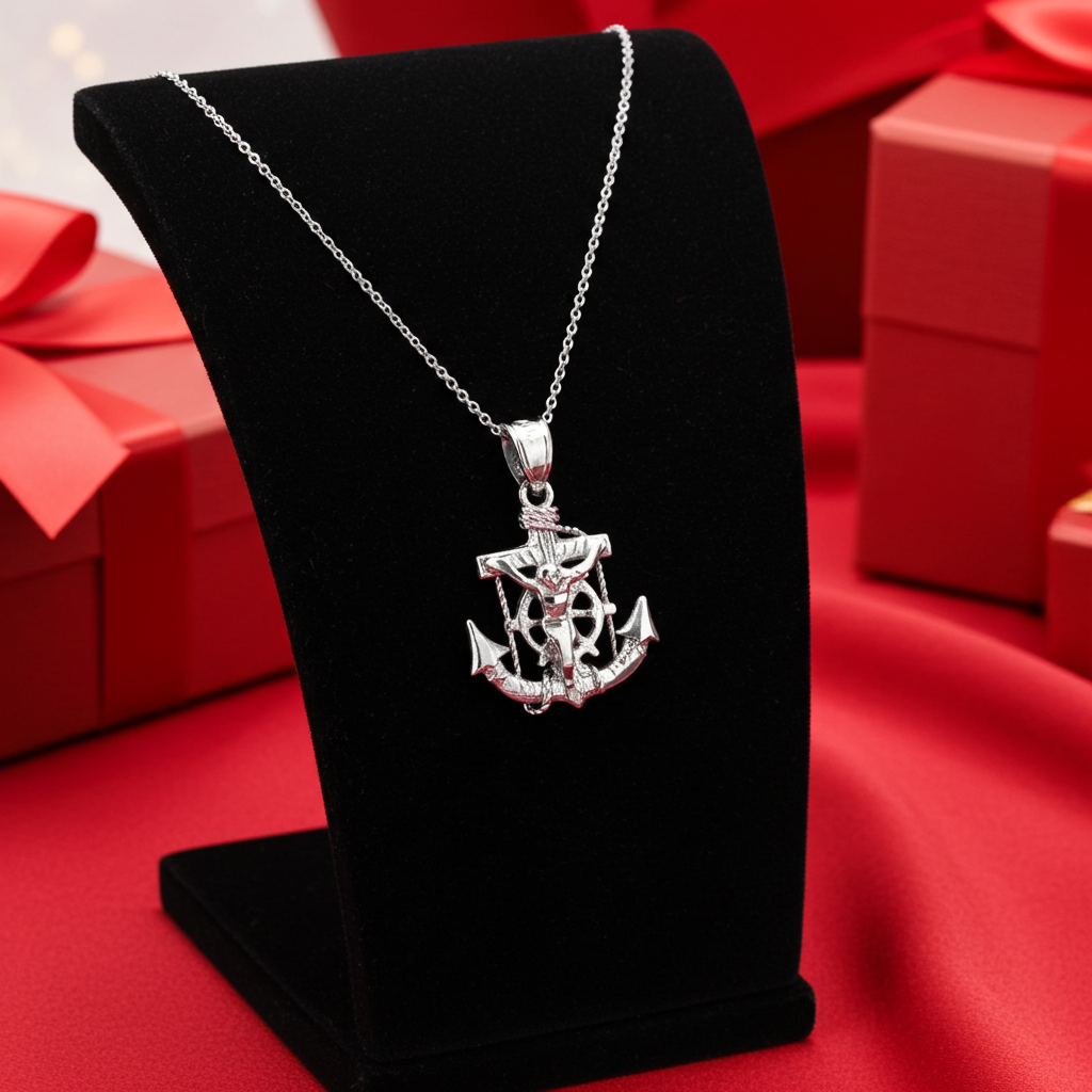 Sterling Silver Mariner Crucifix Anchor Cross Pendant Necklace