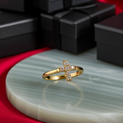 Elegant Minimalist Diamond Cross Gold Ring for Women 14K Yellow, White, or Rose Gold