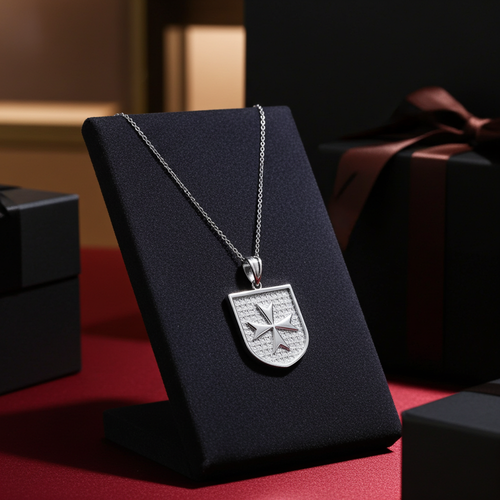 Solid Sterling Silver Maltese Cross Templar Knights Hospitaller Shield Pendant Necklace