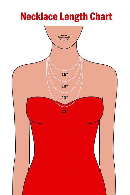 Karma Blingz necklace length chart showing 16, 18, 20, and 22 inch chain lengths on a stylized female torso.