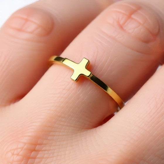 Karma Blingz yellow gold sideways cross stacking ring for women, dainty faith jewelry.
