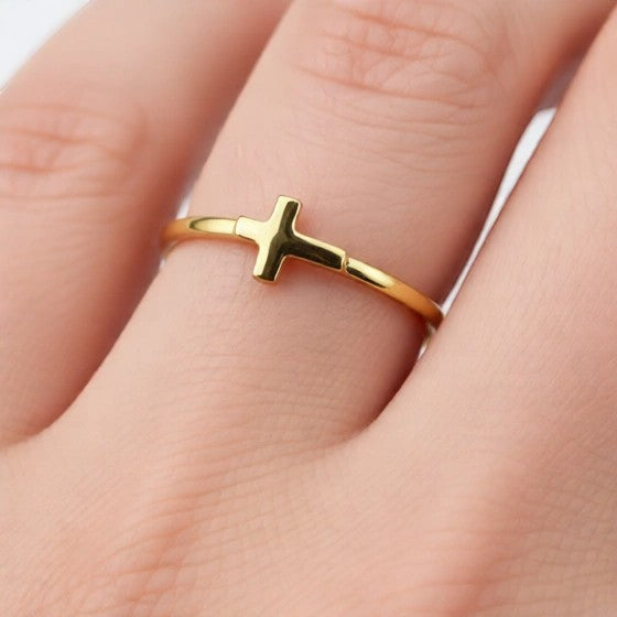 Karma Blingz gold sideways cross minimalist stacking ring for women, crafted from 10K or 14K yellow or white gold with a polished finish.