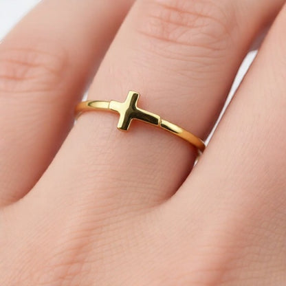 Karma Blingz gold sideways cross minimalist stacking ring for women, crafted from 10K or 14K yellow or white gold with a polished finish.