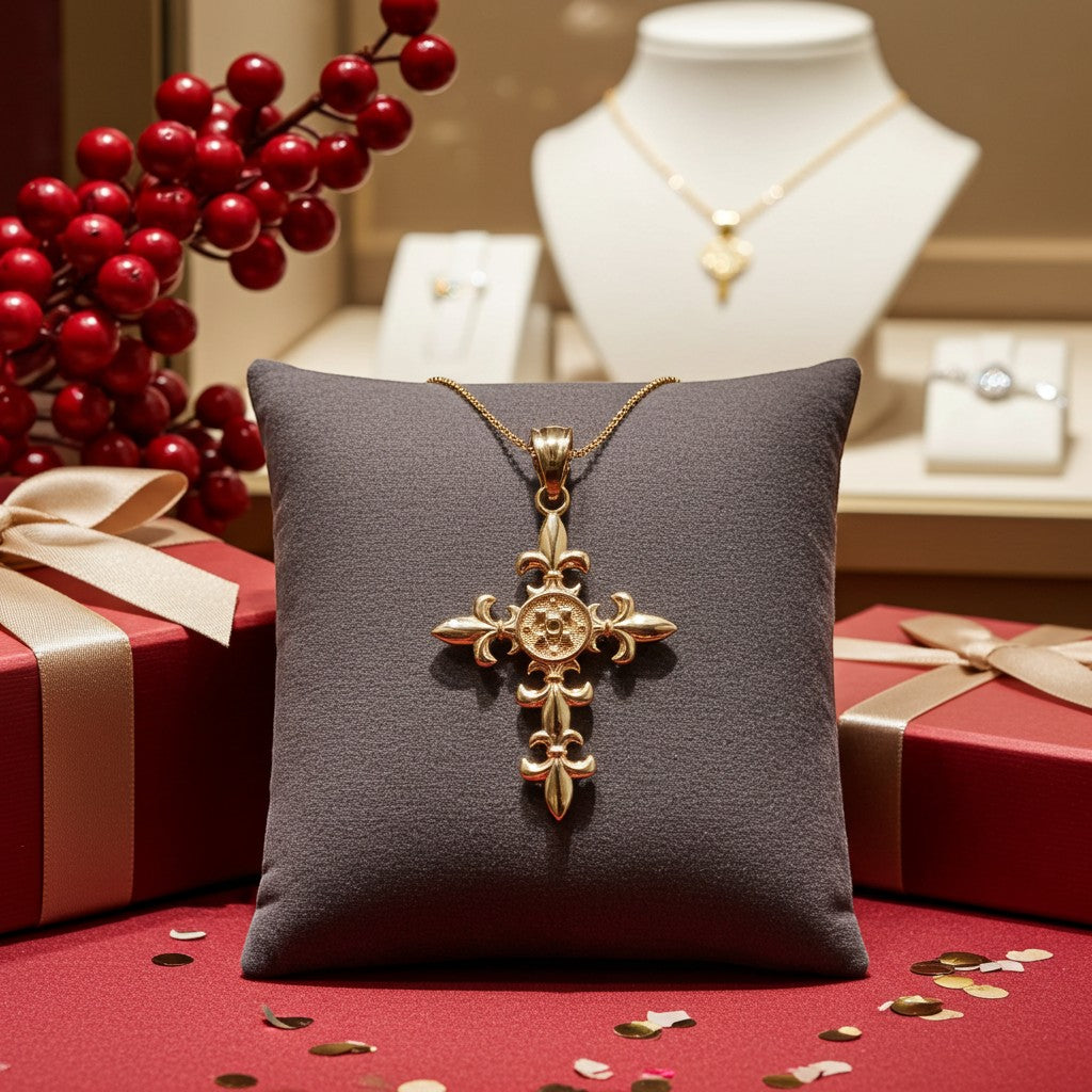 Karma Blingz yellow gold fleur de lis cross pendant necklace with polished finish and textured center detail, on a delicate rolo chain.