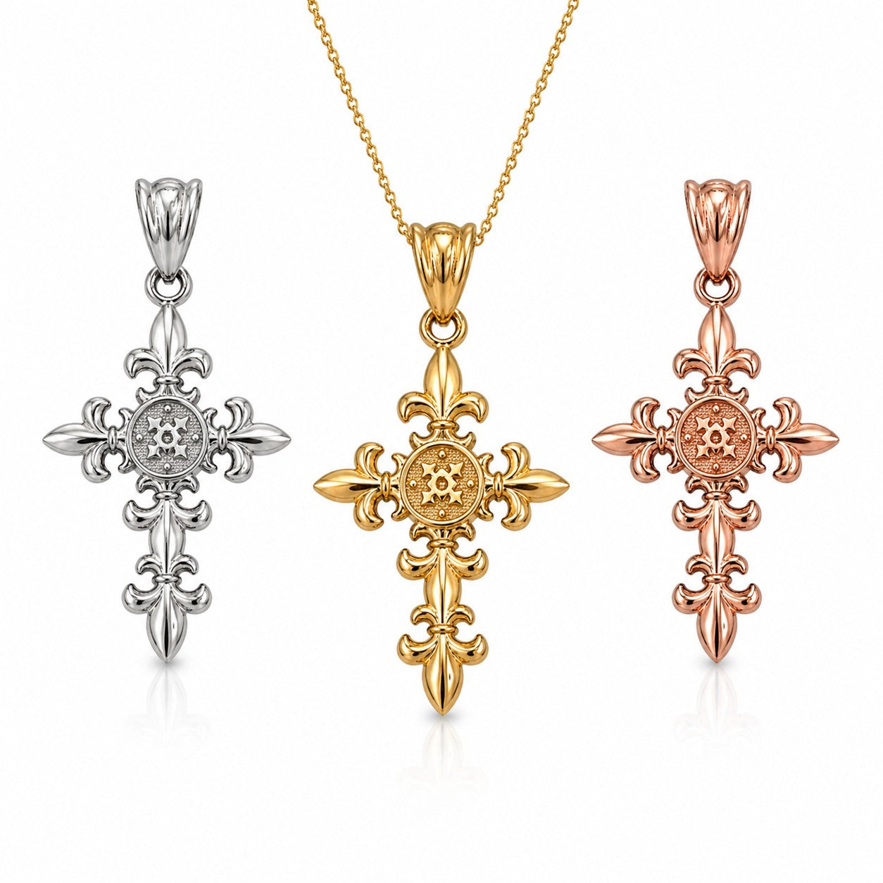 Karma Blingz yellow, white, and rose gold fleur de lis cross pendant necklace with polished finish and textured center detail.