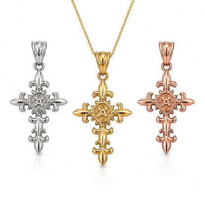 Karma Blingz yellow, white, and rose gold fleur de lis cross pendant necklace with polished finish and textured center detail.