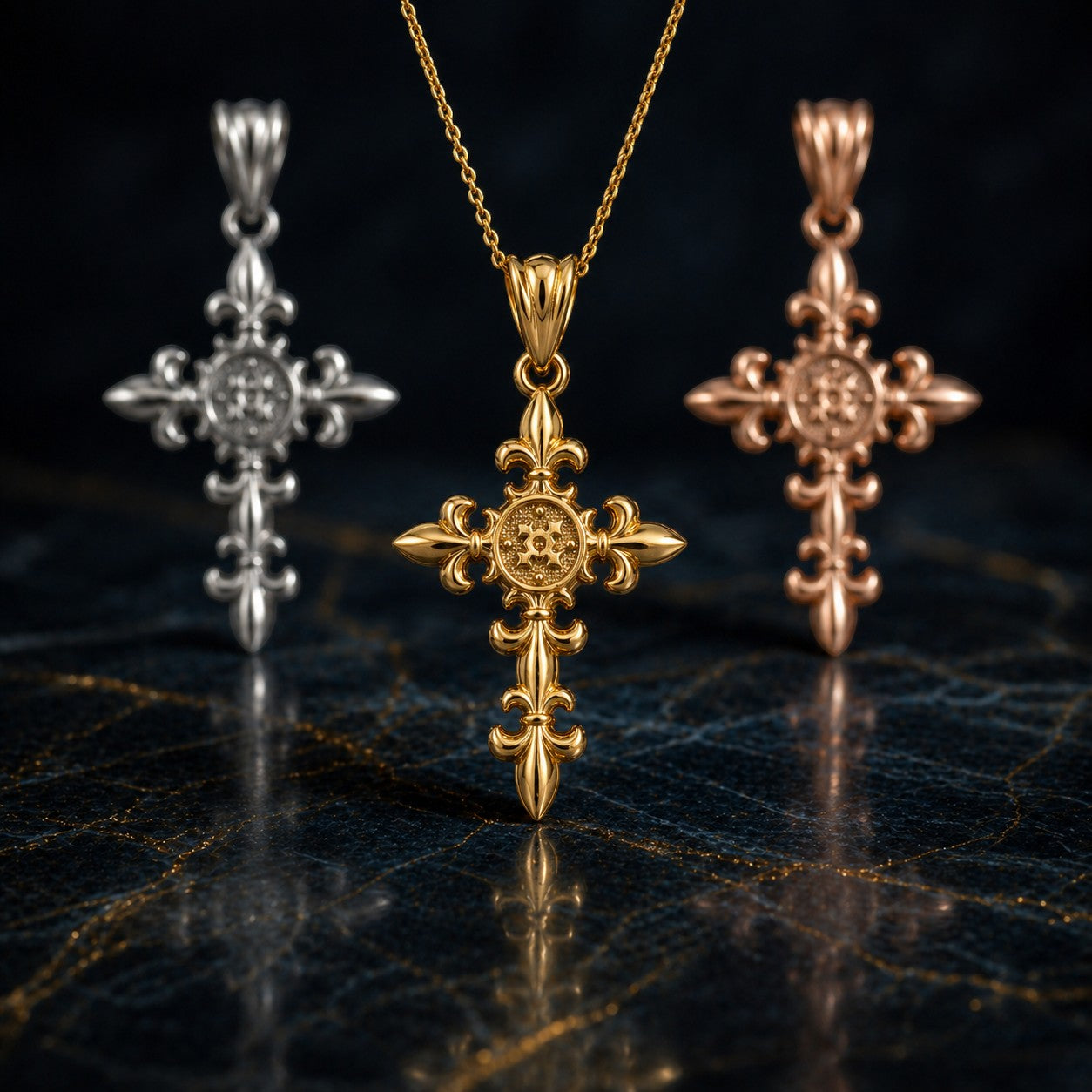 Karma Blingz yellow gold fleur de lis cross pendant necklace with textured center detail and rolo chain.