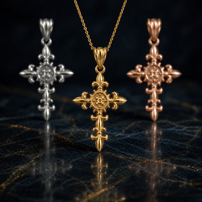 Karma Blingz yellow gold fleur de lis cross pendant necklace with textured center detail and rolo chain.