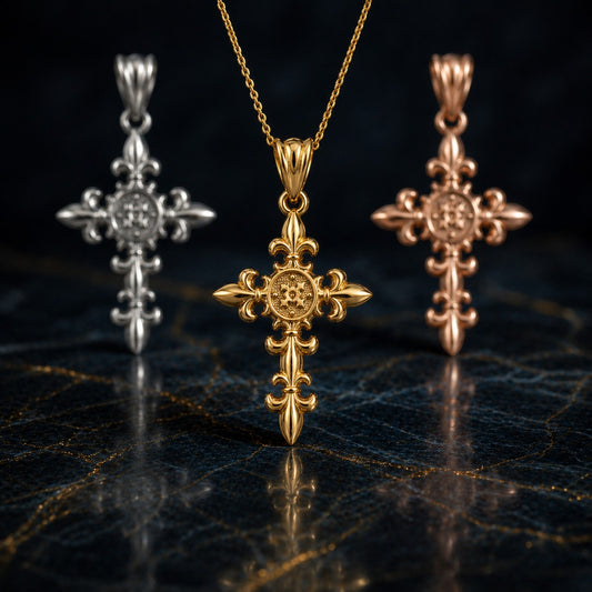 Karma Blingz yellow gold fleur de lis cross pendant necklace with textured center detail and rolo chain.