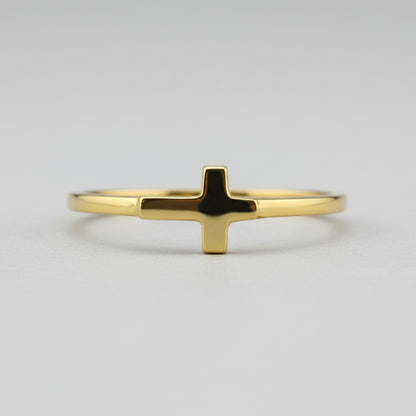Karma Blingz yellow gold sideways cross stacking ring for women, minimalist faith jewelry.