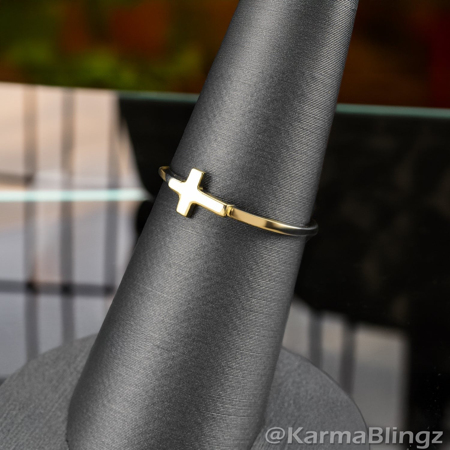 Karma Blingz yellow gold sideways cross stacking ring for women, minimalist faith jewelry.
