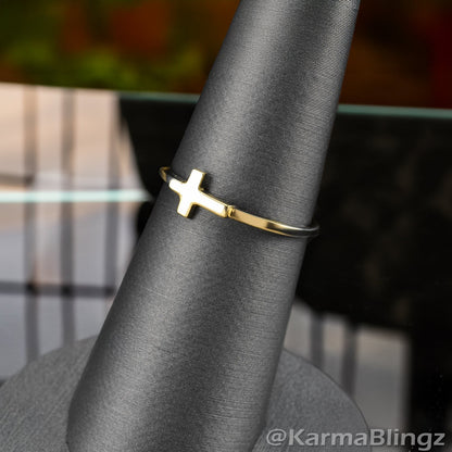 Karma Blingz yellow gold sideways cross stacking ring for women, minimalist faith jewelry.
