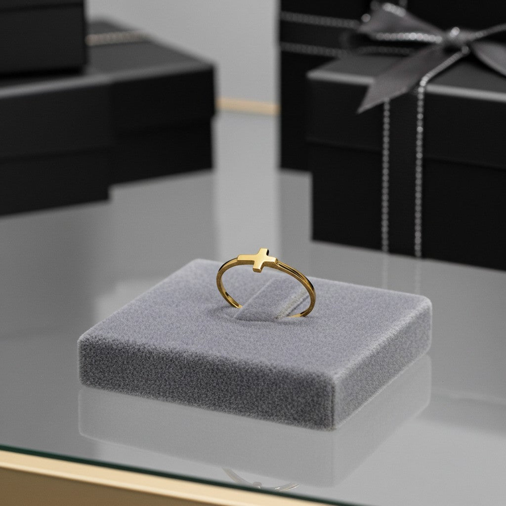 Karma Blingz yellow gold sideways cross stacking ring for women, minimalist faith jewelry.