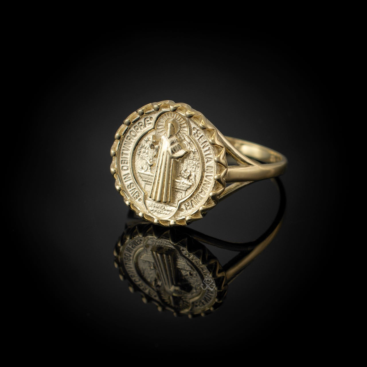 Karma Blingz yellow gold St. Benedict coin medallion ring for women, featuring detailed religious iconography and a polished finish.