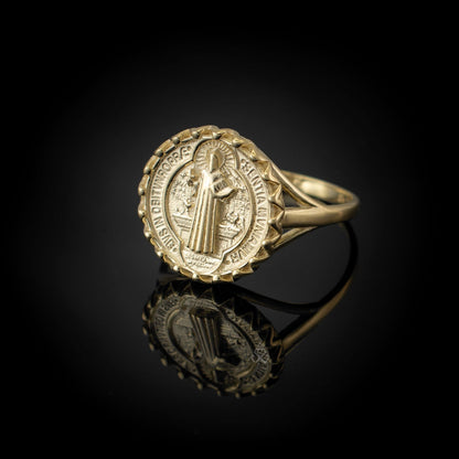 Karma Blingz yellow gold St. Benedict coin medallion ring for women, featuring detailed religious iconography and a polished finish.