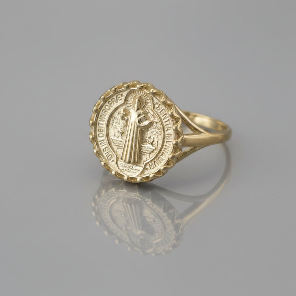 Solid Gold St. Benedict Coin Medallion Ring for Women