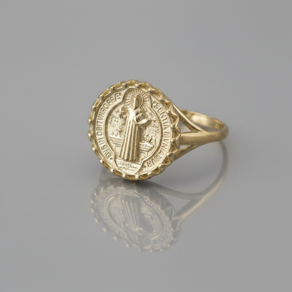 Solid Gold St. Benedict Coin Medallion Ring for Women
