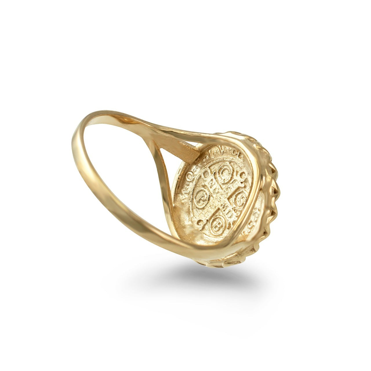 Karma Blingz yellow gold St. Benedict coin medallion ring for women, featuring a detailed religious engraving and a polished finish.