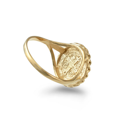 Karma Blingz yellow gold St. Benedict coin medallion ring for women, featuring a detailed religious engraving and a polished finish.