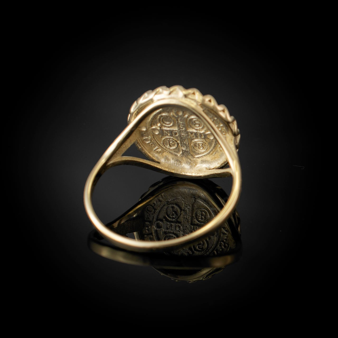 Karma Blingz yellow gold St. Benedict coin medallion ring for women, detailed engraving.