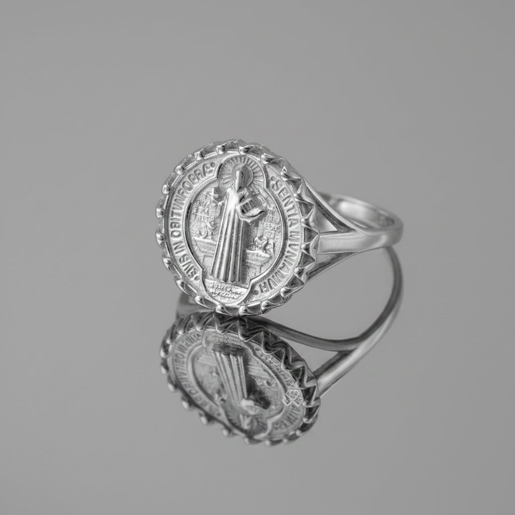 Karma Blingz women's solid gold St. Benedict coin medallion ring with intricate detailing and a polished finish.