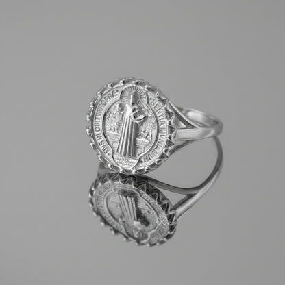 Karma Blingz women's solid gold St. Benedict coin medallion ring with intricate detailing and a polished finish.