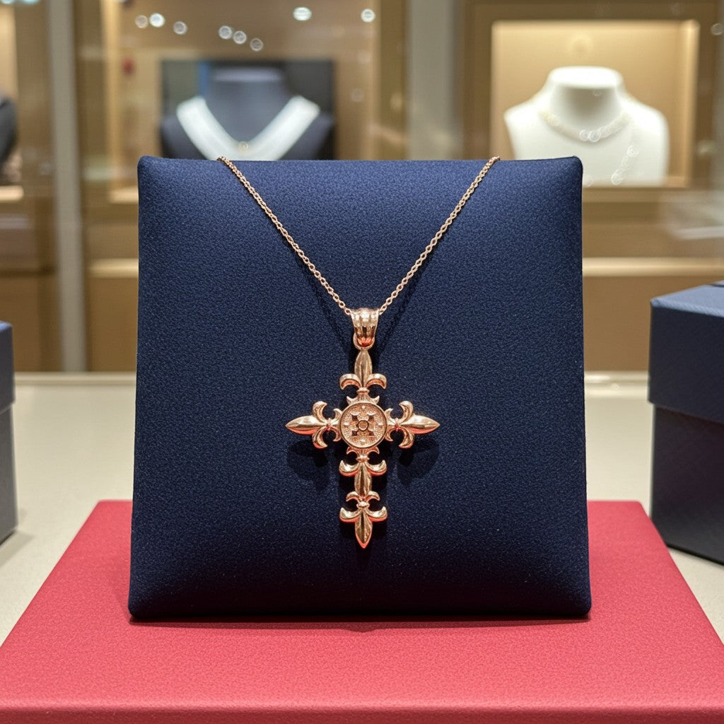 Karma Blingz rose gold fleur de lis cross pendant necklace with a polished finish and textured center detail.