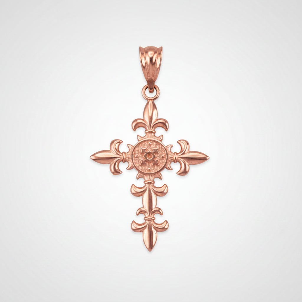 Karma Blingz rose gold fleur de lis cross pendant necklace with polished finish and textured center detail.