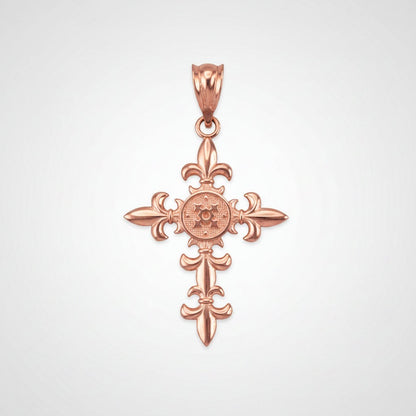 Karma Blingz rose gold fleur de lis cross pendant necklace with polished finish and textured center detail.