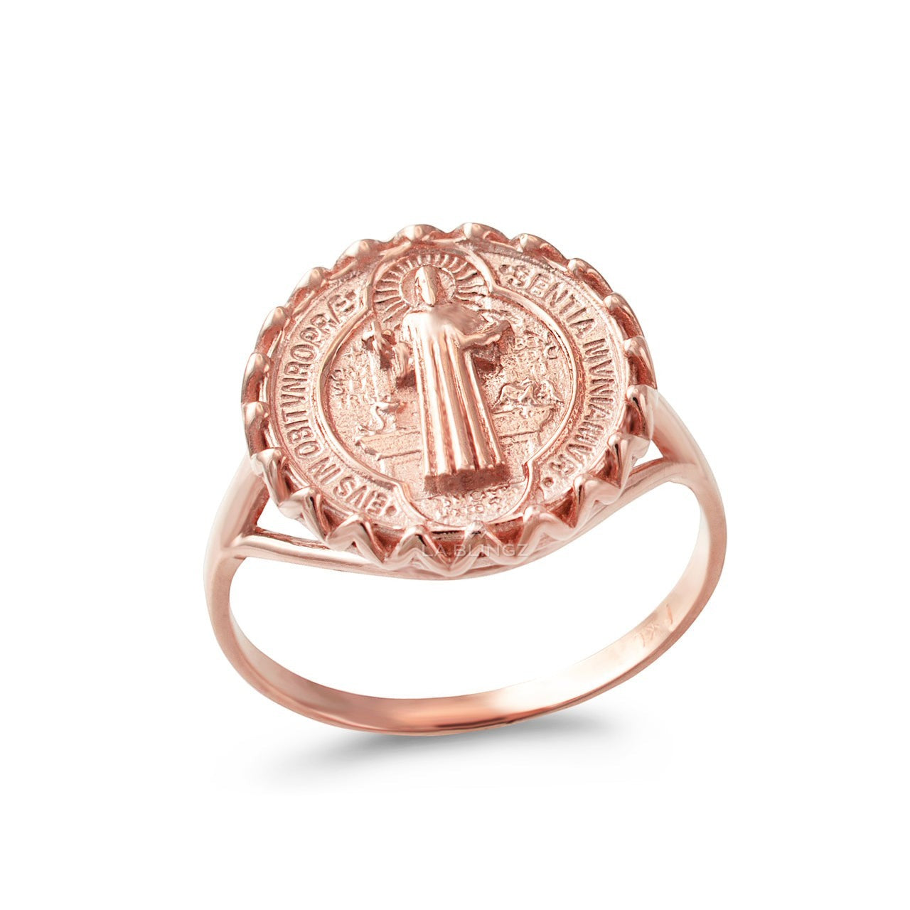 Karma Blingz rose gold St. Benedict coin medallion ring for women, featuring a detailed depiction of the saint and religious inscriptions.