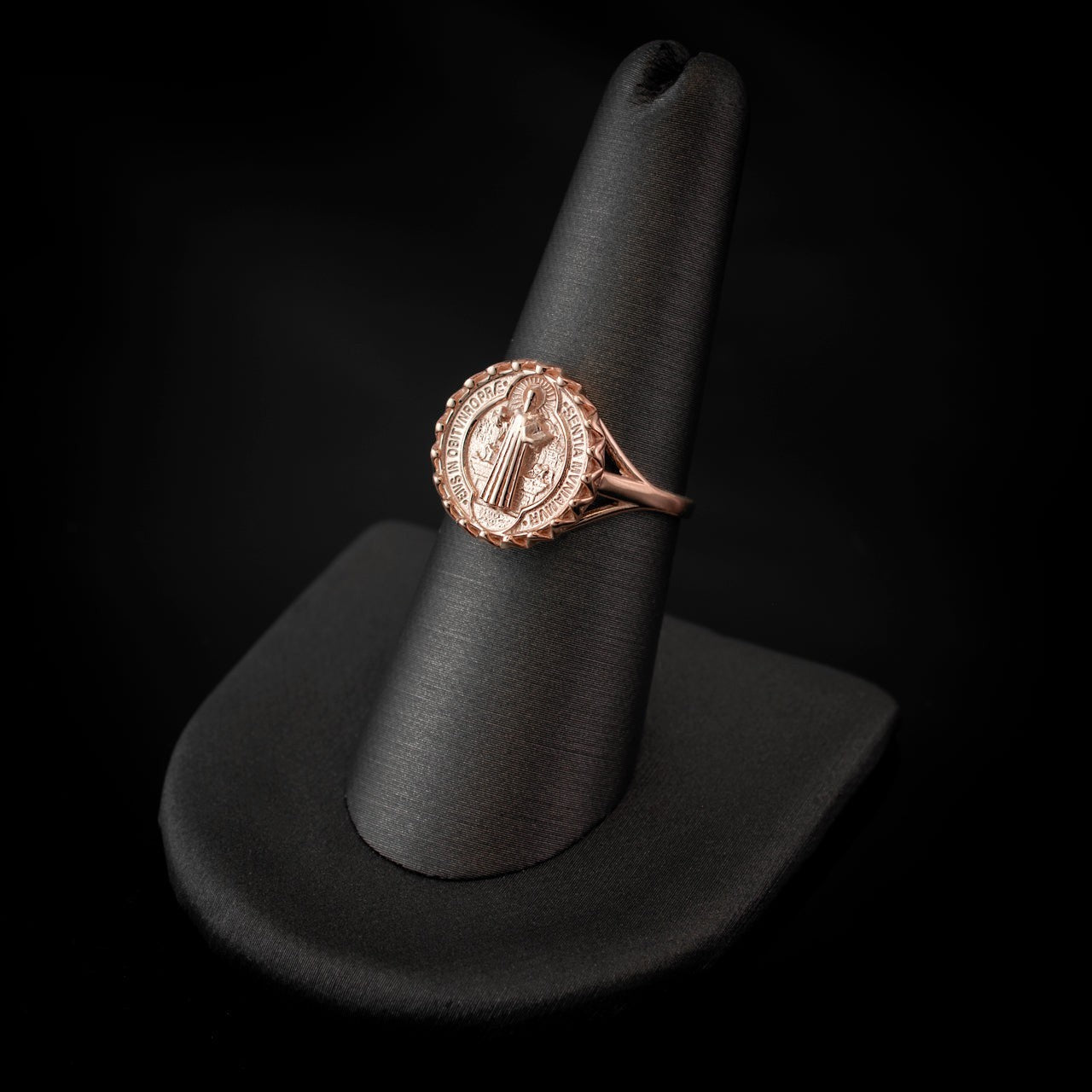 Karma Blingz rose gold St. Benedict coin medallion ring for women. Features a detailed Saint Benedict design.