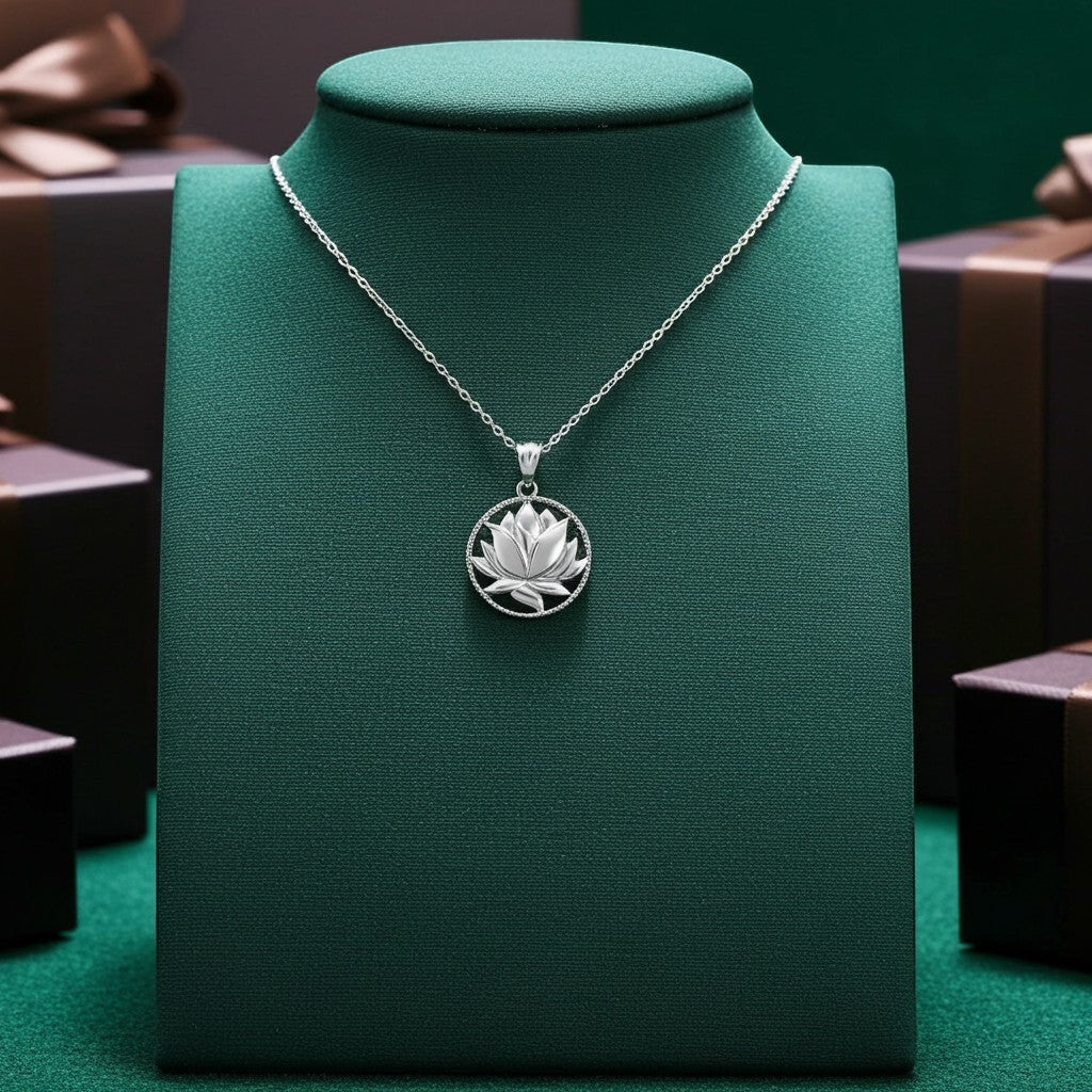 Karma Blingz sterling silver lotus flower pendant necklace on a rolo chain, polished finish.