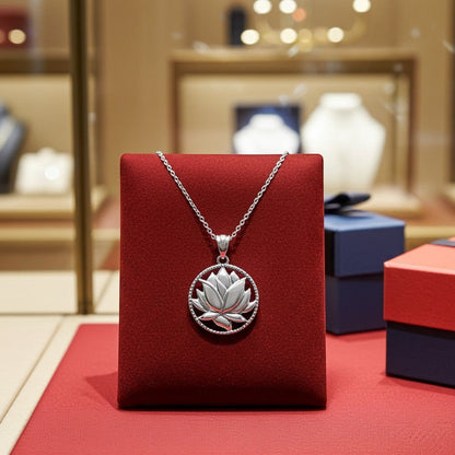Karma Blingz sterling silver lotus flower pendant necklace on a delicate rolo chain, polished finish.