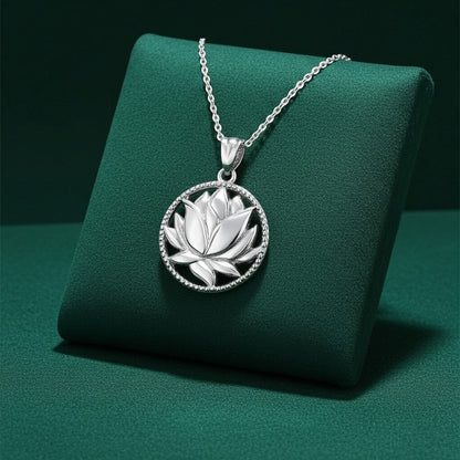 Karma Blingz Sterling Silver Lotus Flower in Circle Yoga Pendant Necklace, polished finish.