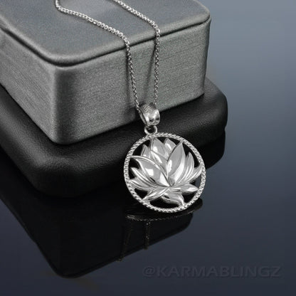 Karma Blingz polished sterling silver lotus flower pendant necklace with a delicate beaded circle border. Yoga and meditation jewelry.