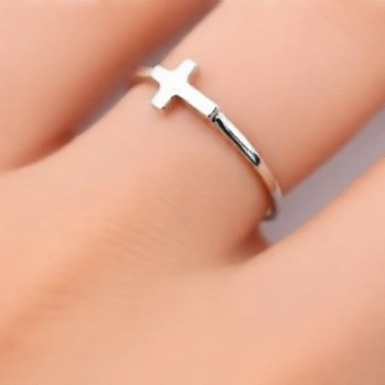 Karma Blingz white gold sideways cross minimalist stacking ring for women, dainty faith jewelry.