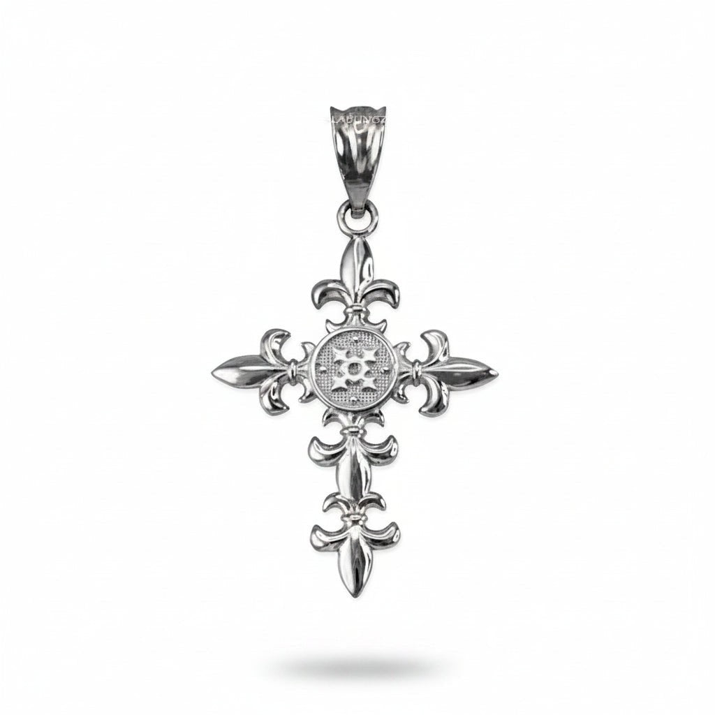 Karma Blingz white gold fleur de lis cross pendant necklace with polished finish and textured center detail.