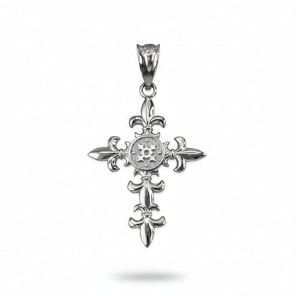 Karma Blingz white gold fleur de lis cross pendant necklace with polished finish and textured center detail.