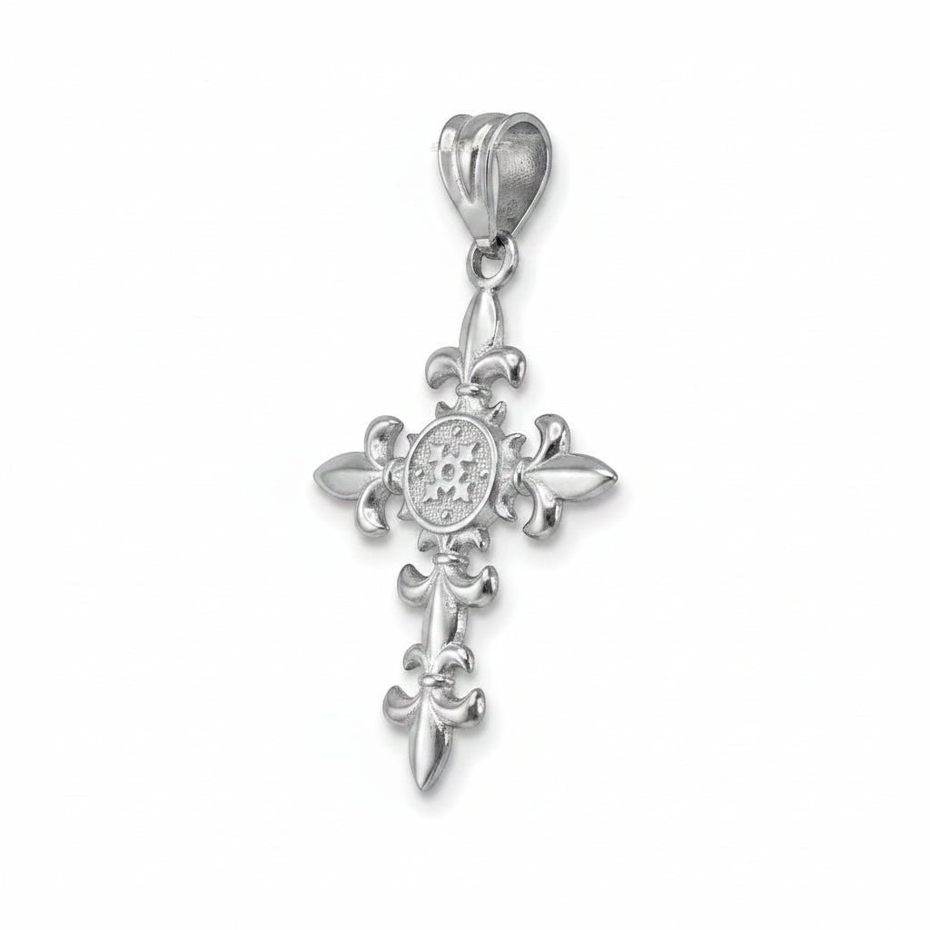 Karma Blingz white gold Fleur De Lis cross pendant necklace with polished finish and textured center detail.