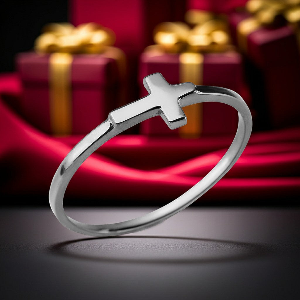Karma Blingz white gold sideways cross stacking ring for women, dainty faith jewelry.